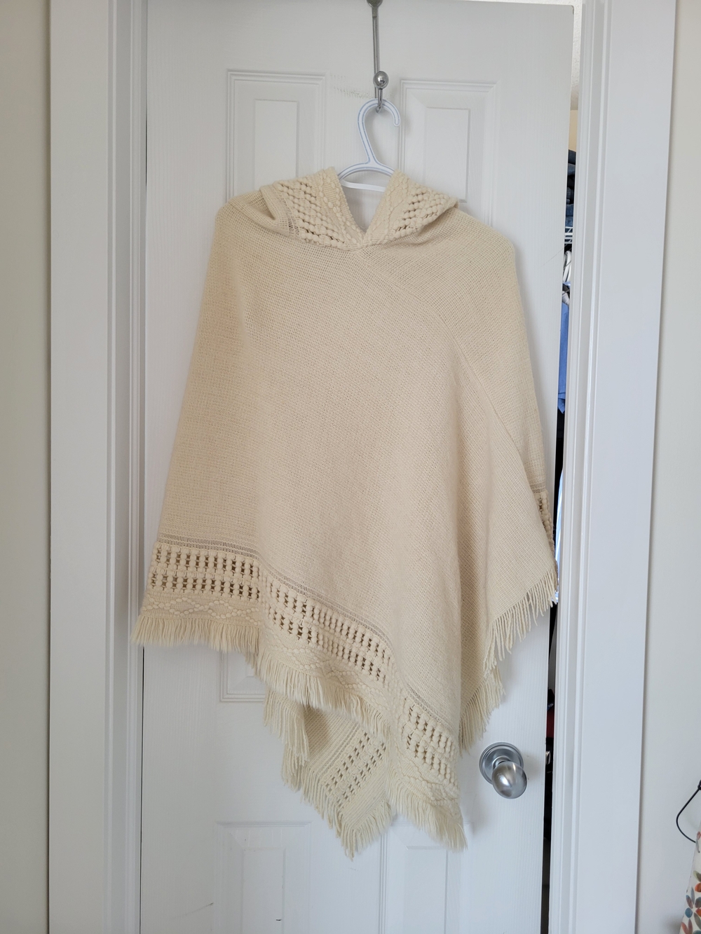 Cream Hooded Fringe Knit Poncho